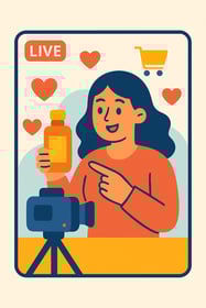 Woman presenting product during livestream shopping event, part oflivestreamtrends in social selling.