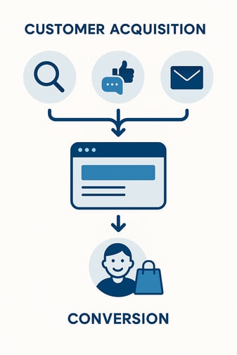 Visual showing how search, social, and email improve customer acquisition and lead to conversion.