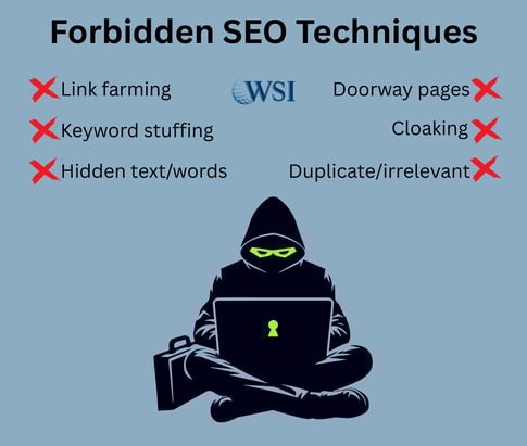 Visual of black hat SEO tactics showing why is my SEO not working due to keyword stuffing, cloaking, and link farming.