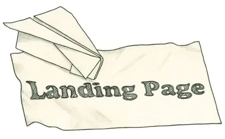 Hand-drawn paper airplane and torn paper with 'Landing Page' text, illustrating what is a landing page in digital marketing.