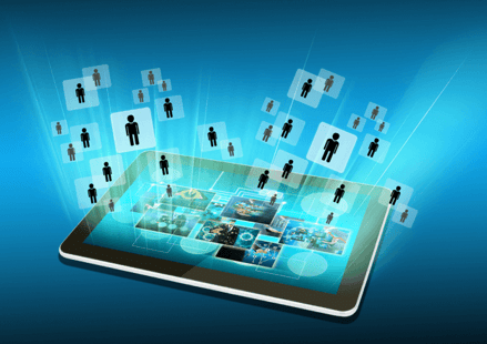 Blue icon of a tablet, with people icons zooming into it.