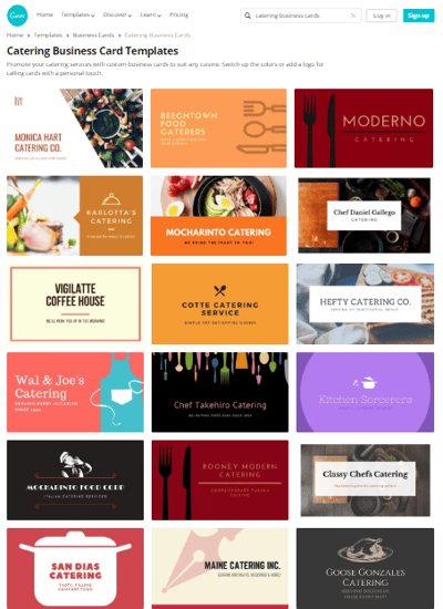 Canva's catering business card templates demonstrate the importance of good design with graphic design tips.