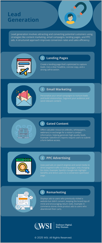 Infographic showing 5 lead generation ideas for marketing.