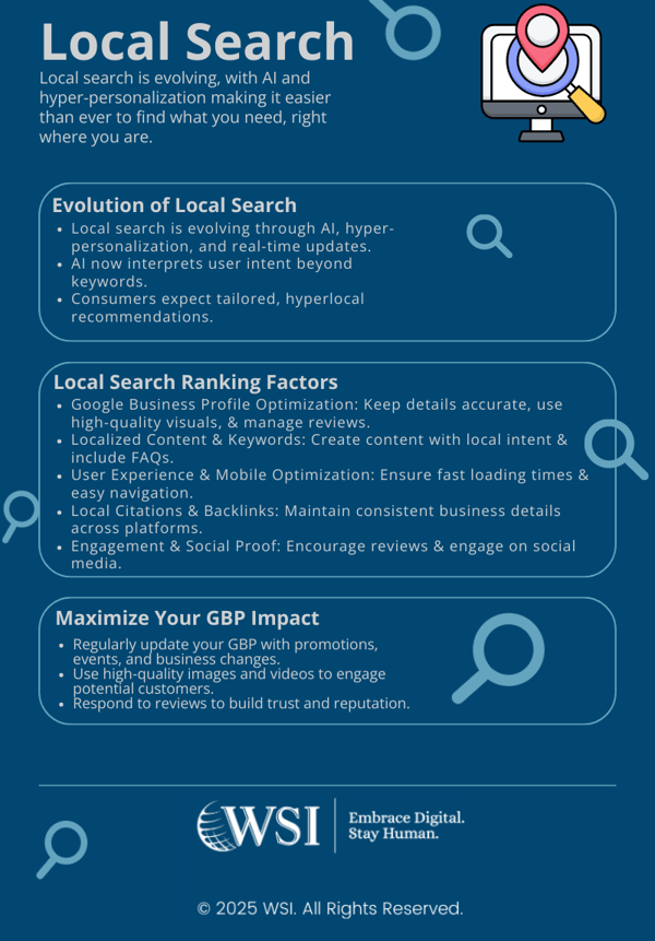 Infographic highlighting local search optimization strategies, including GBP updates, keywords, and mobile experience.