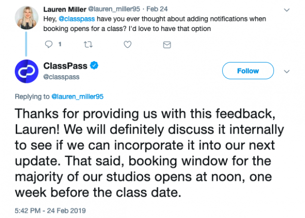 ClassPass Tweet
