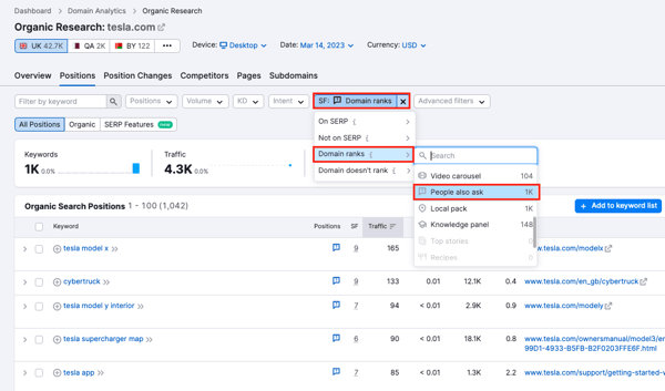 Screenshot of Semrush people also ask report
