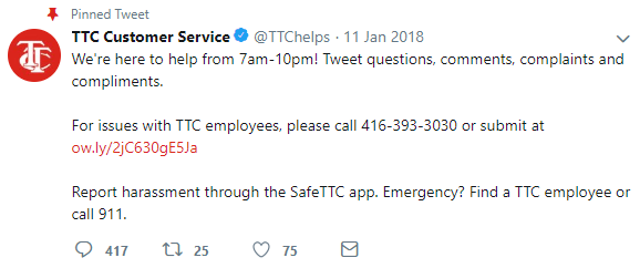 TTC Customer Service Tweet