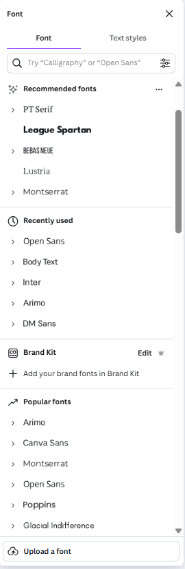 Canva's font selection shows different graphic design tips for typography.
