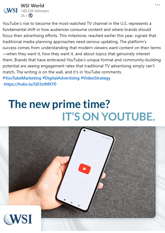 YouTube post from WSI contrasting traditional TV with digital, reinforcing the benefits of LinkedIn Ads in digital shifts.