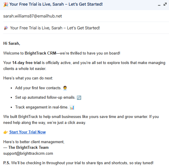 Example welcome email used in email marketing for businesses, introducing trial access and next steps for a CRM tool.