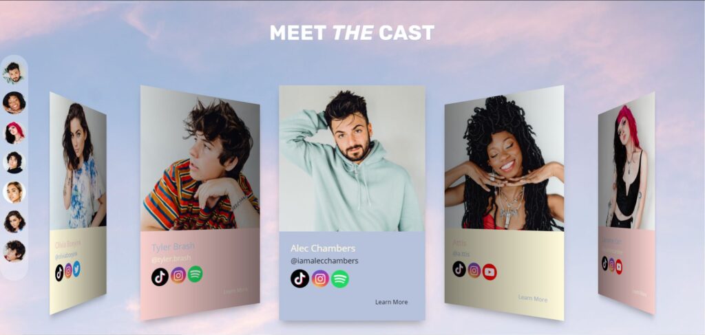 Screenshot of Song House Live's website - cast carousel section