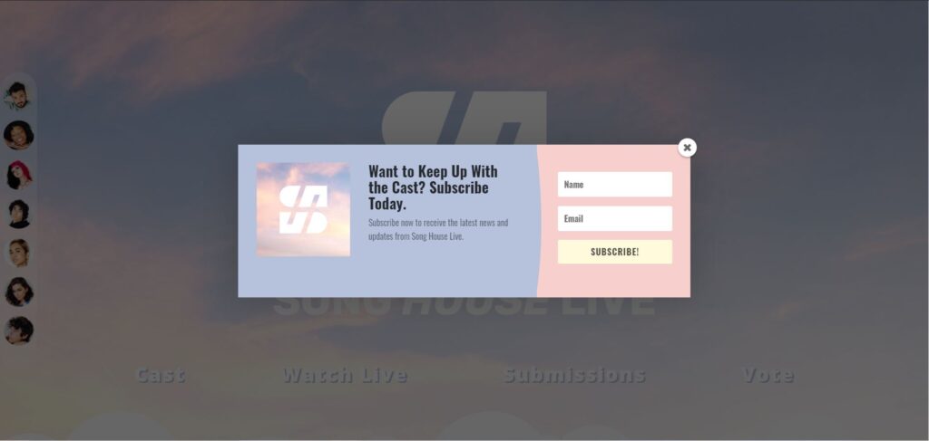Screenshot of Song House Live's website - subsription form pop up